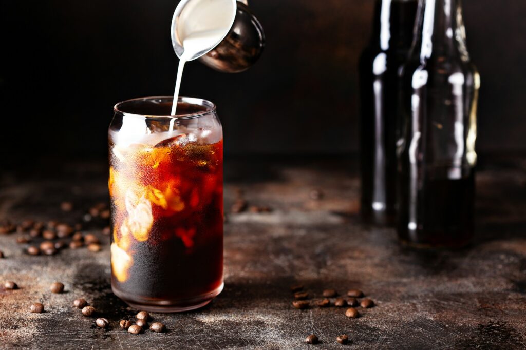 Cold brew iced coffee in glass bottles